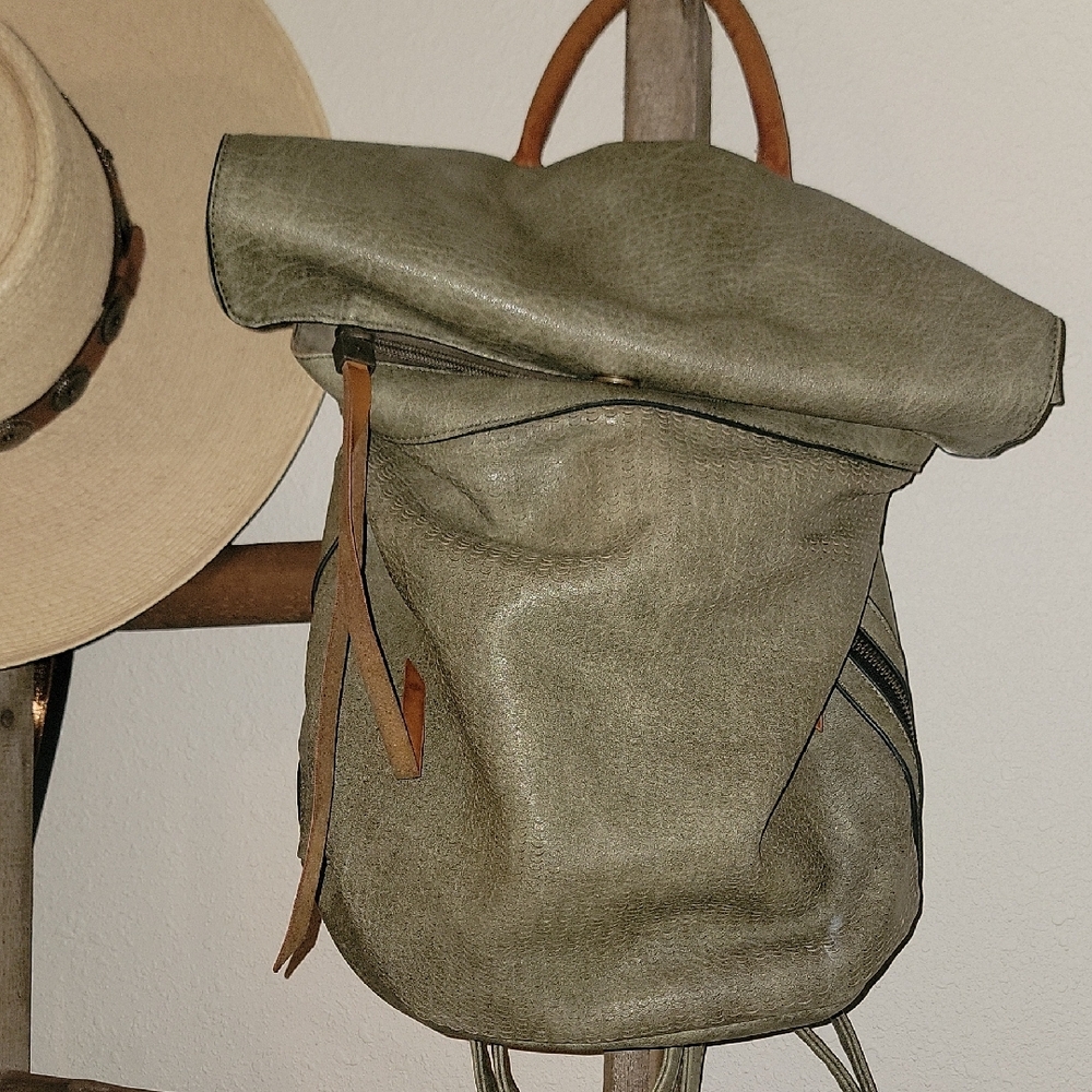 Green Roll-Top Backpack with Leather Accents